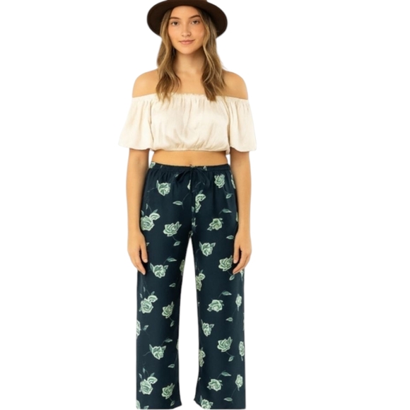 Field Manor 100% Silk Black Cabbage Rose Pull On Loungewear Pants Sz S - Picture 1 of 6
